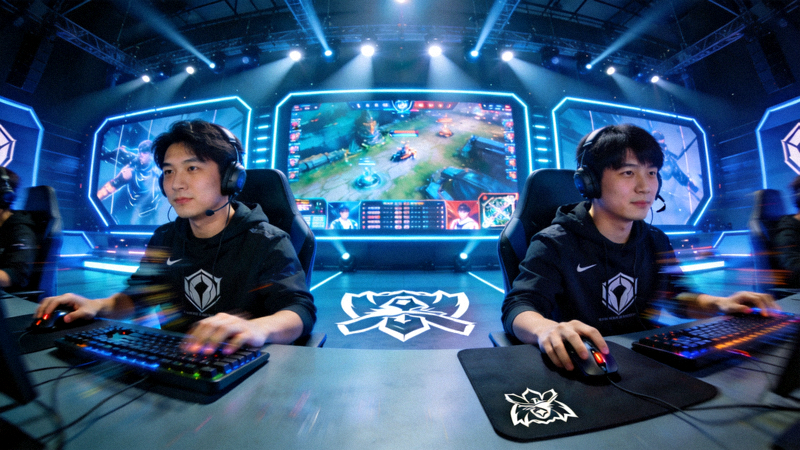 电子竞技赛事舞台,选手在比赛席位上专注操作的画面