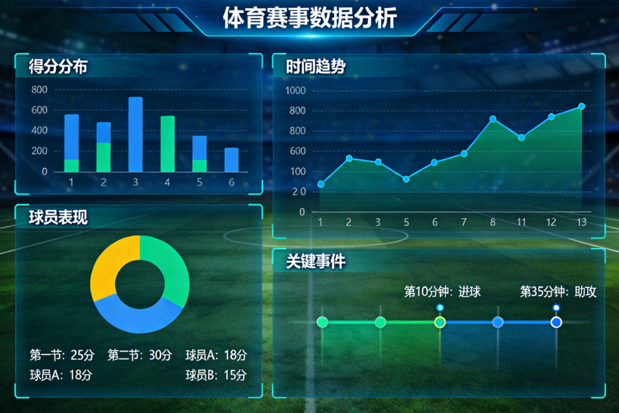 体育赛事数据分析界面示意图，展示比赛统计与趋势图表